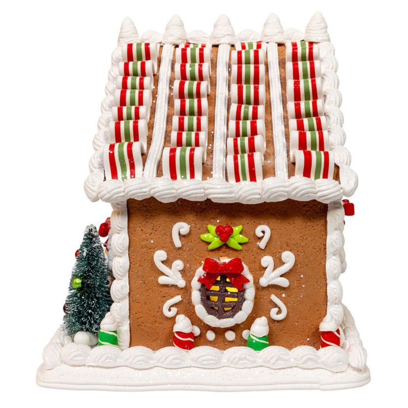 9 Inch Battery Operated Gingerbread House With Santa and Ribbon Candy Roof