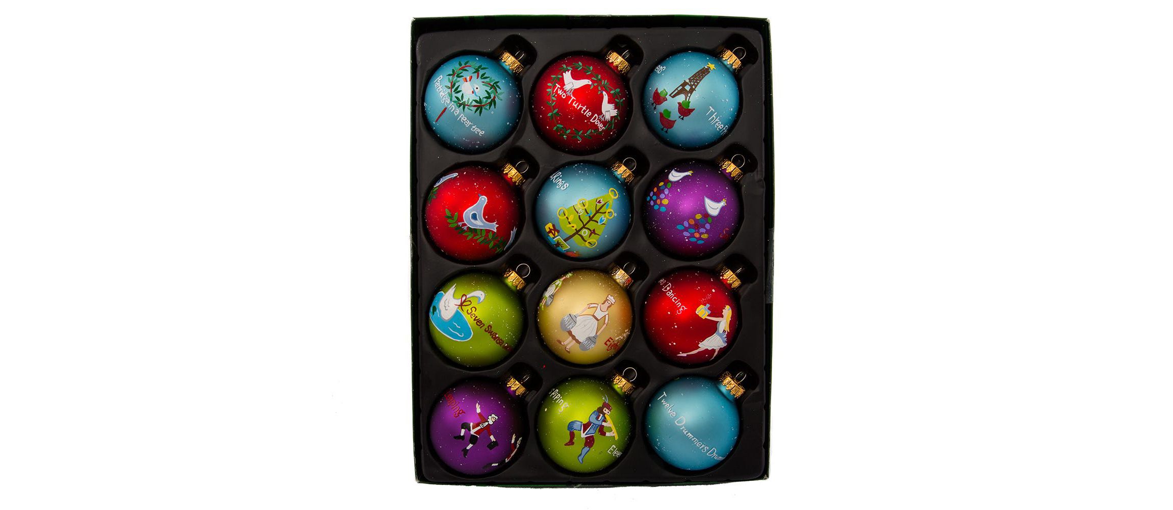 65MM Glass 12 Days Of Christmas Ball Ornaments, 12-Piece Boxed Set