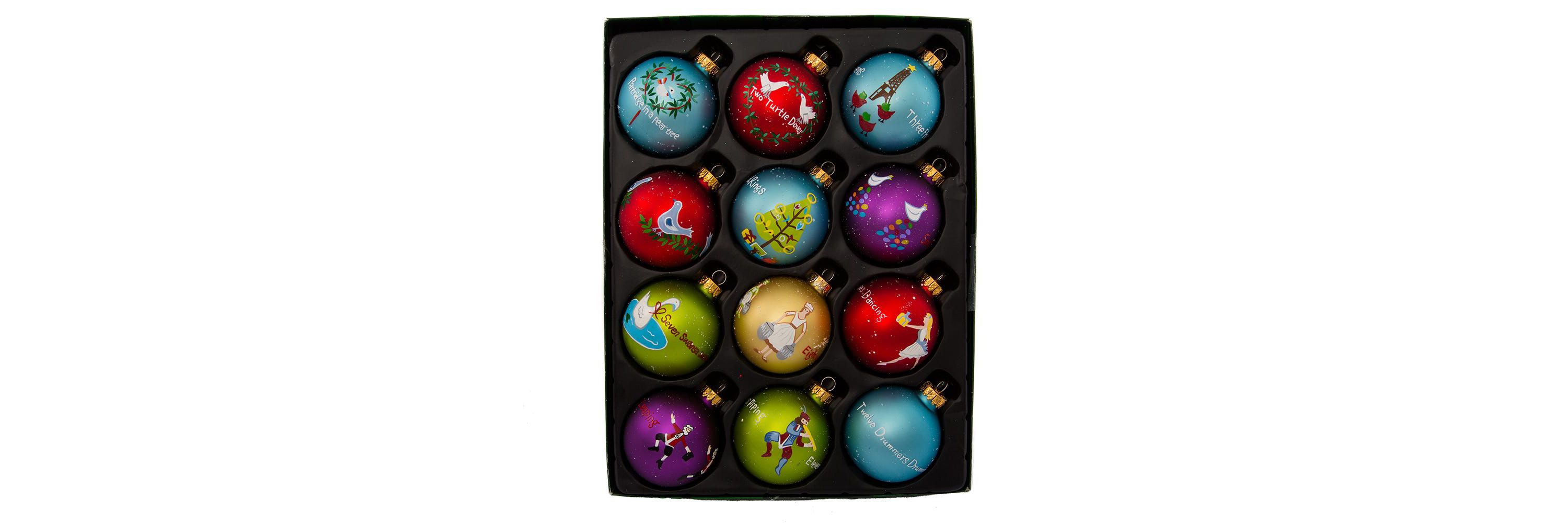 65MM Glass 12 Days Of Christmas Ball Ornaments, 12-Piece Boxed Set