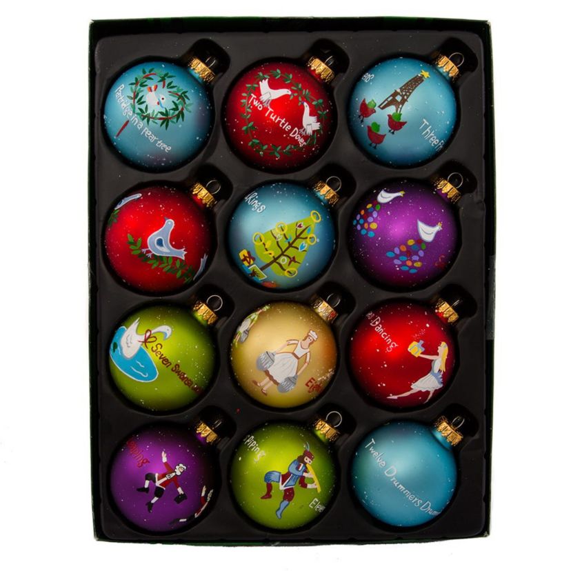 65MM Glass 12 Days Of Christmas Ball Ornaments, 12-Piece Boxed Set