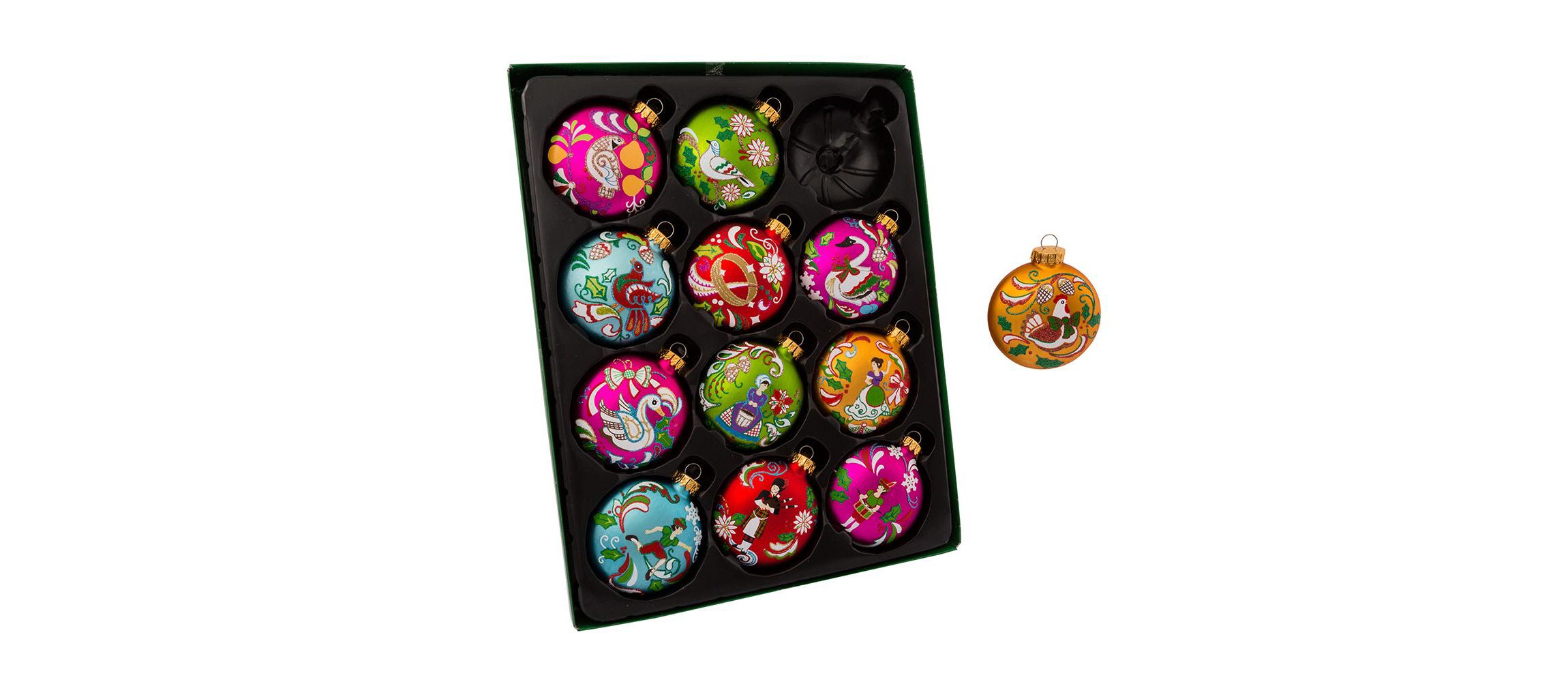 65MM Glass 12 Days Of Christmas Glass Ball Ornaments, 12-Piece Boxed Set