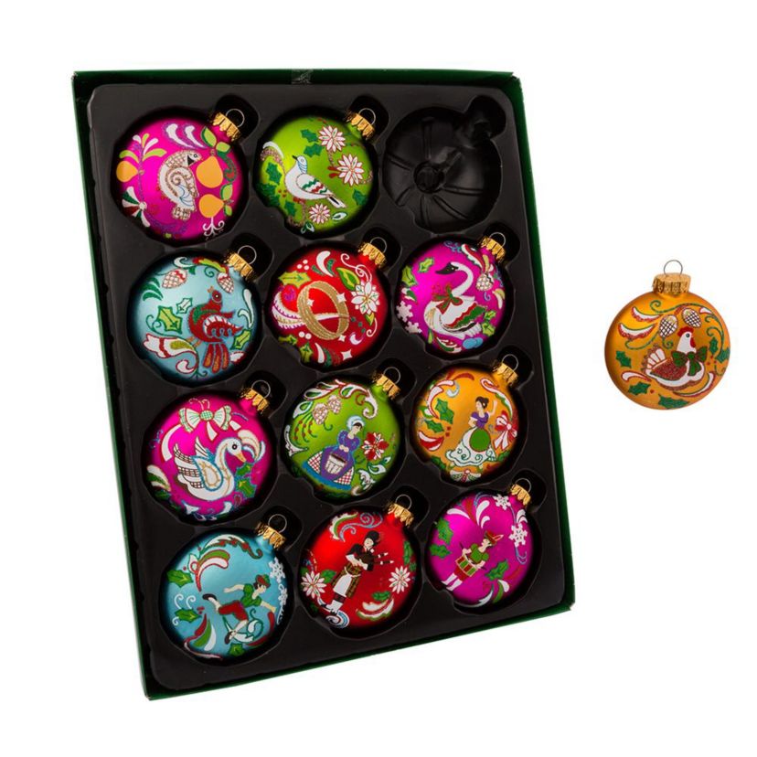 65MM Glass 12 Days Of Christmas Glass Ball Ornaments, 12-Piece Boxed Set