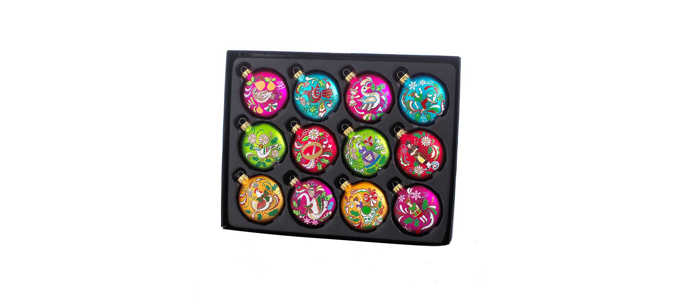 65MM Glass 12 Days Of Christmas Glass Ball Ornaments, 12-Piece Boxed Set