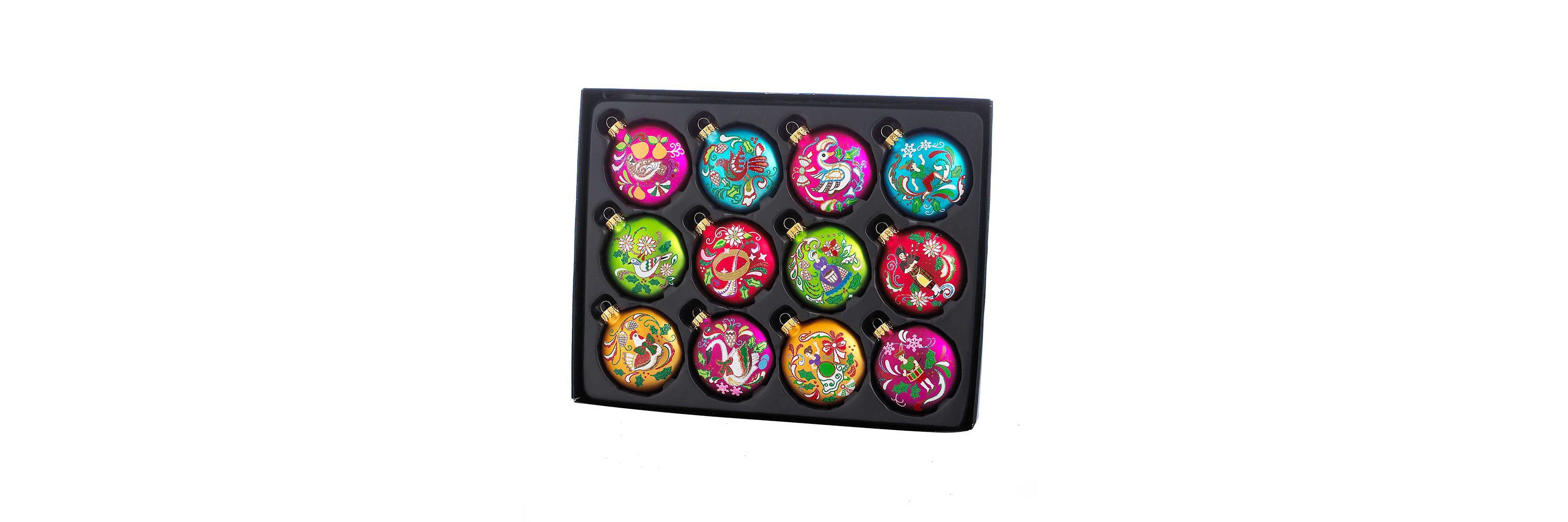 65MM Glass 12 Days Of Christmas Glass Ball Ornaments, 12-Piece Boxed Set