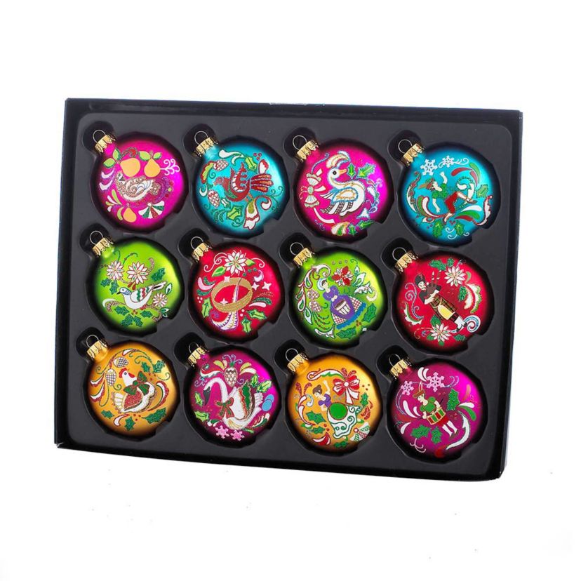 65MM Glass 12 Days Of Christmas Glass Ball Ornaments, 12-Piece Boxed Set