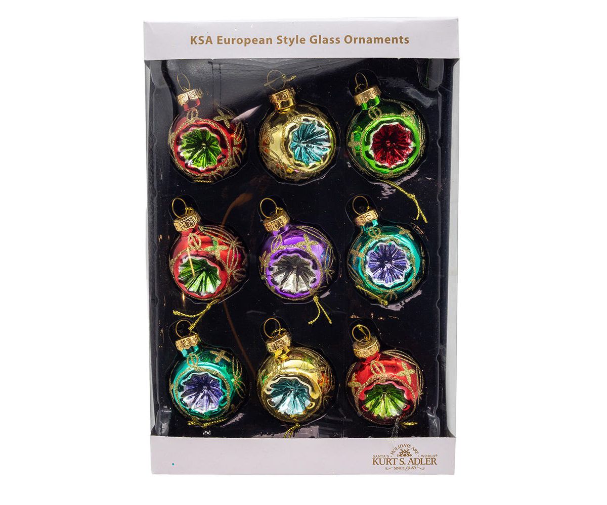 45MM Miniature Multicolored Glass Reflector Christmas Ornaments, 9-Piece Boxed Set