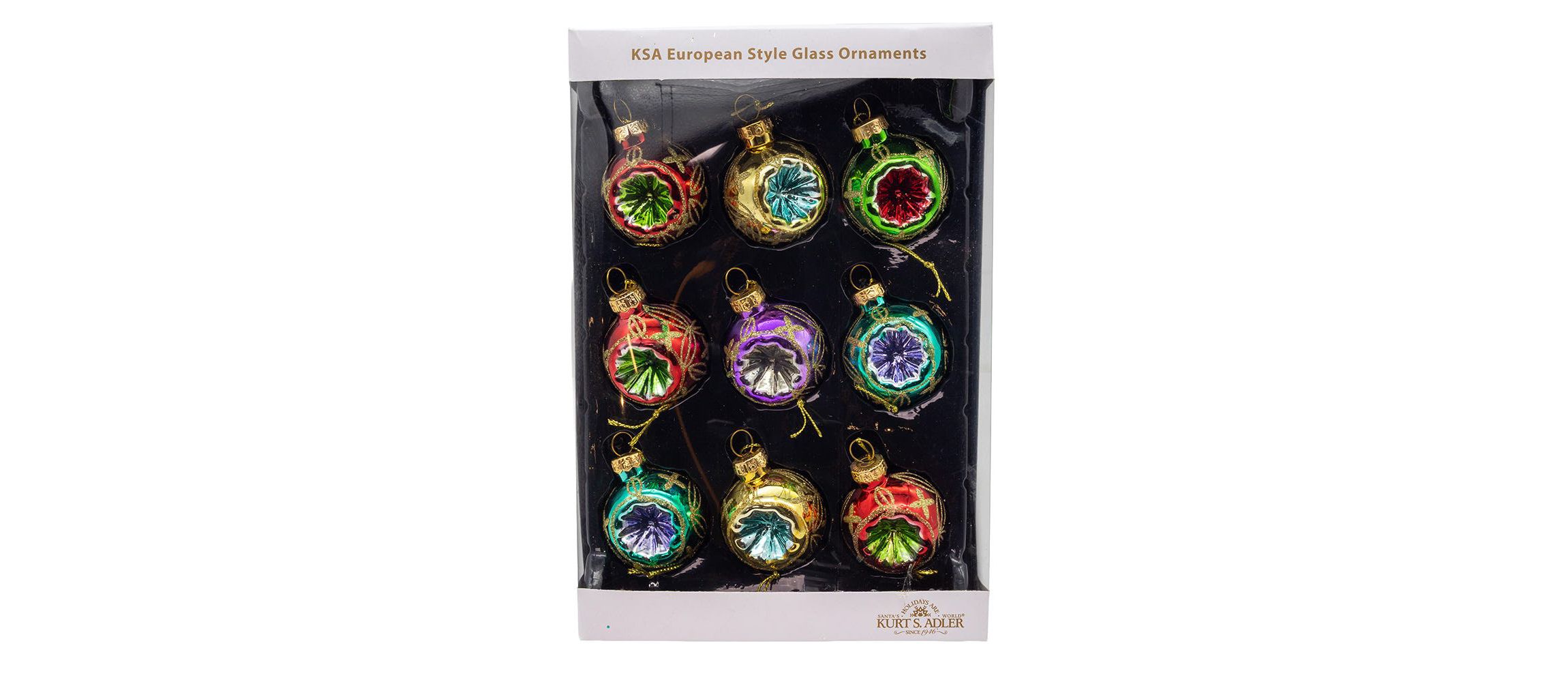45MM Miniature Multicolored Glass Reflector Christmas Ornaments, 9-Piece Boxed Set