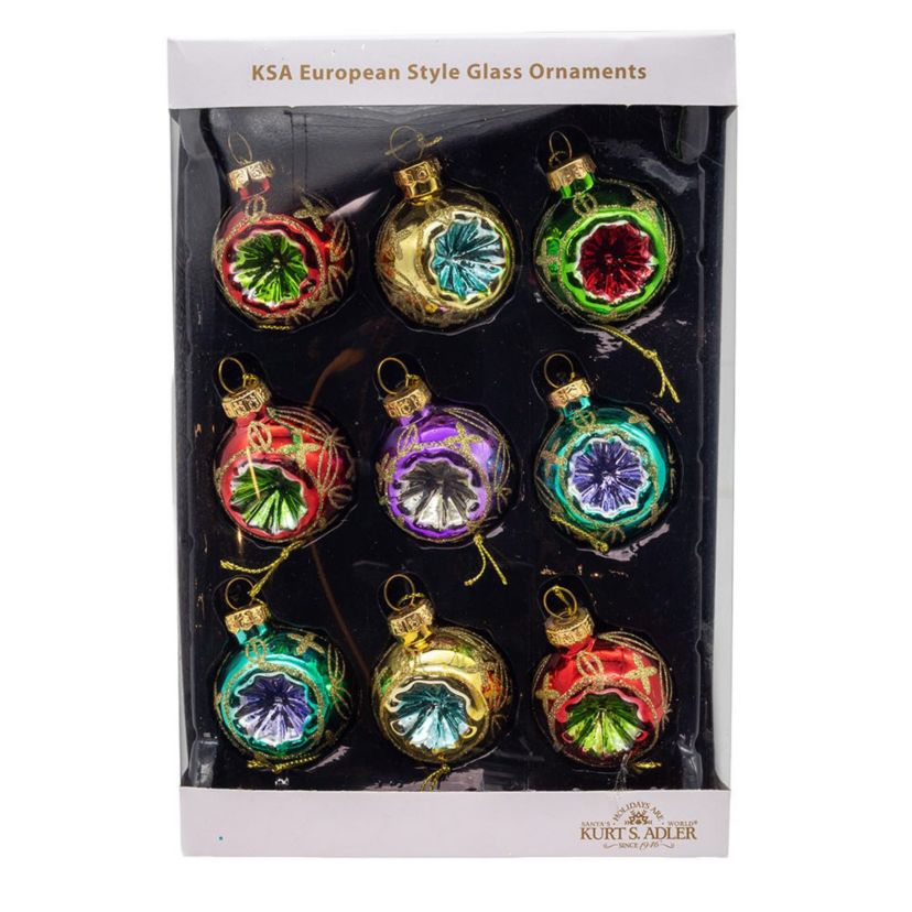 45MM Miniature Multicolored Glass Reflector Christmas Ornaments, 9-Piece Boxed Set