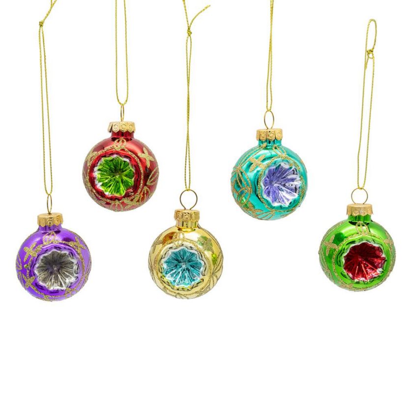 45MM Miniature Multicolored Glass Reflector Christmas Ornaments, 9-Piece Boxed Set