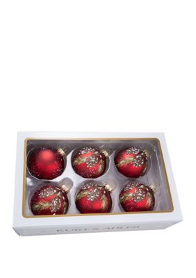 Glass Red With Pine Cone Design Ball Ornaments 6 Piece Box Set