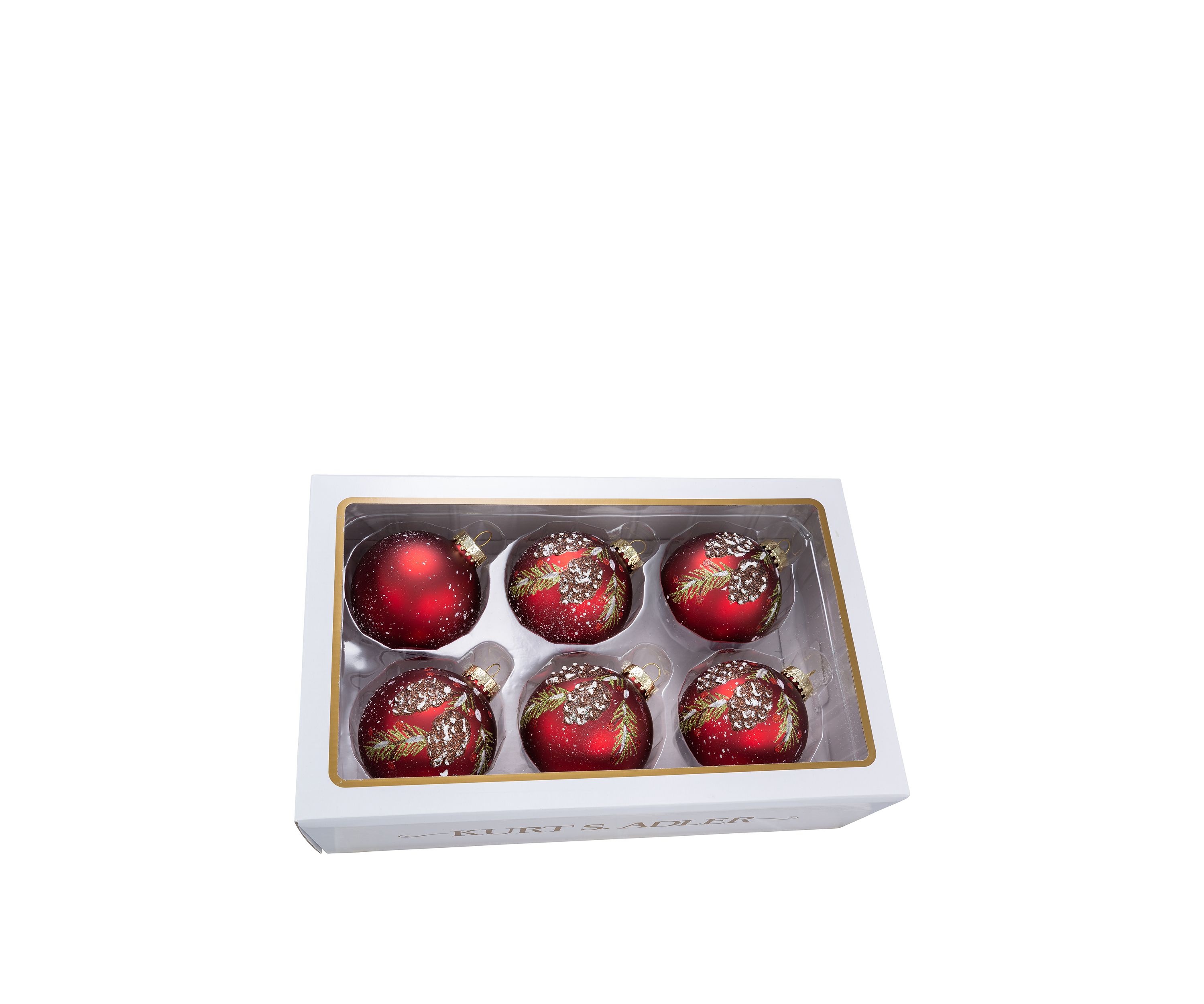 Glass Red With Pine Cone Design Ball Ornaments 6 Piece Box Set