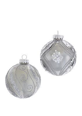 Set of 6 80 Millimeter Matte and Shiny Silver with Glitter Glass Ball Ornaments