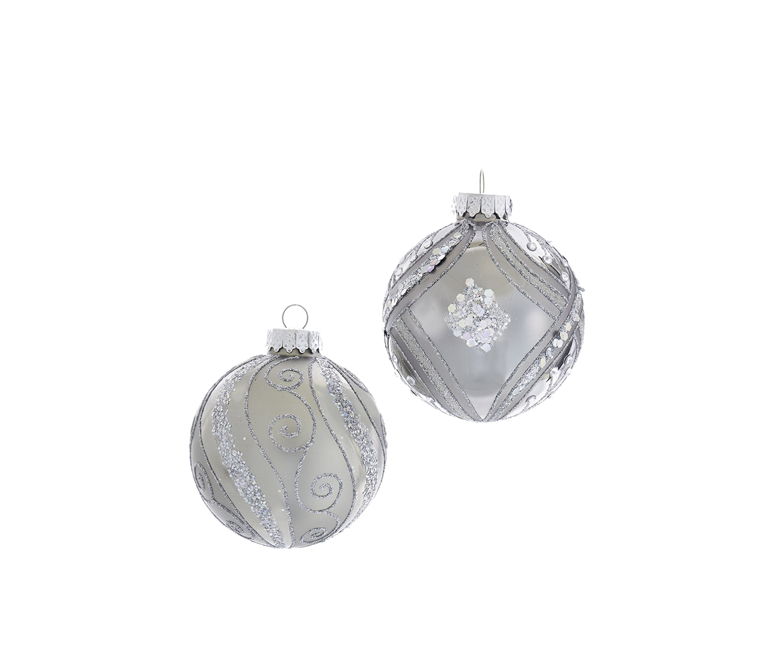 Set of 6 80 Millimeter Matte and Shiny Silver with Glitter Glass Ball Ornaments