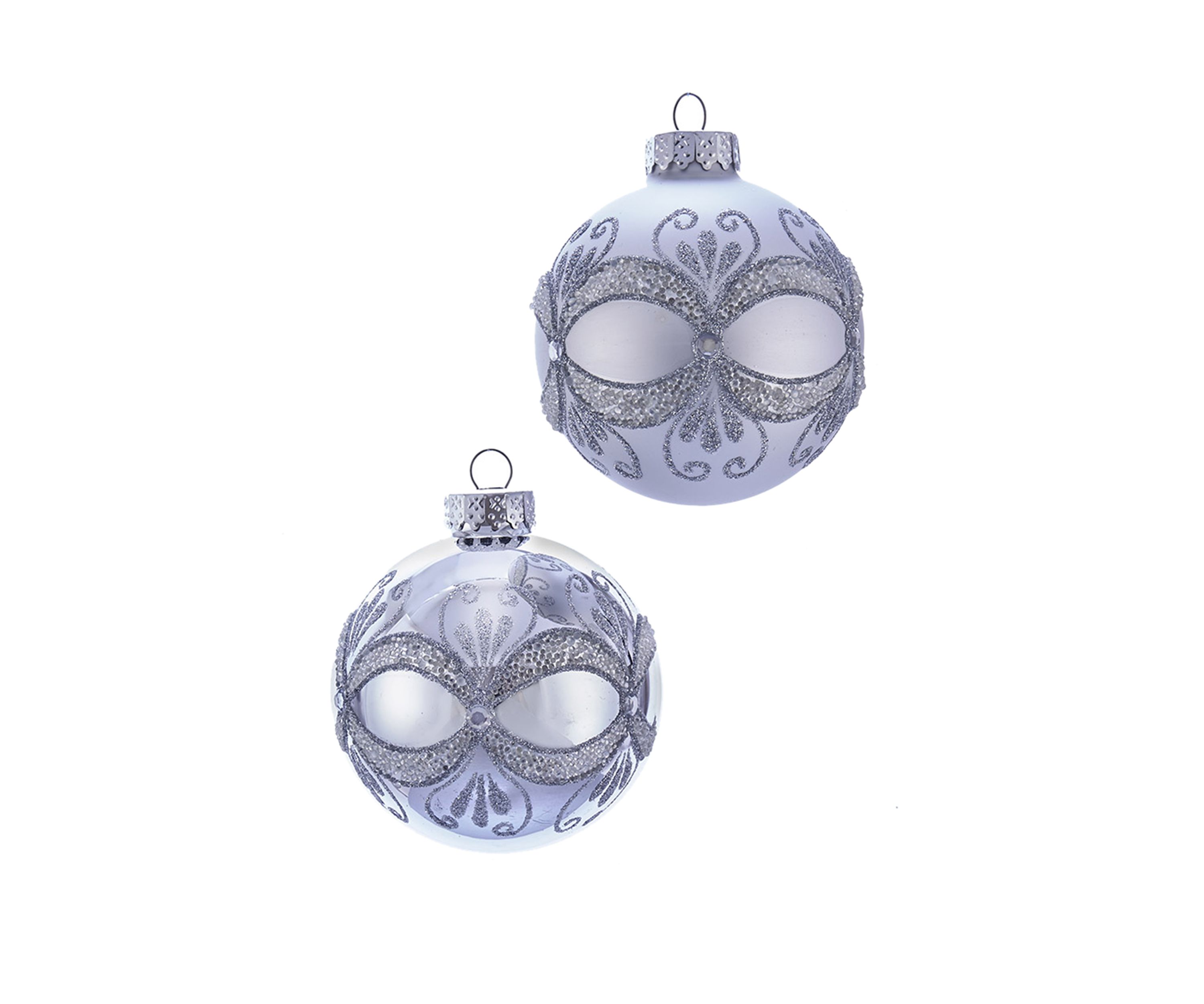 Set of 6 80 Millimeter Silver with Glitter and Sequins Glass Ball Ornaments