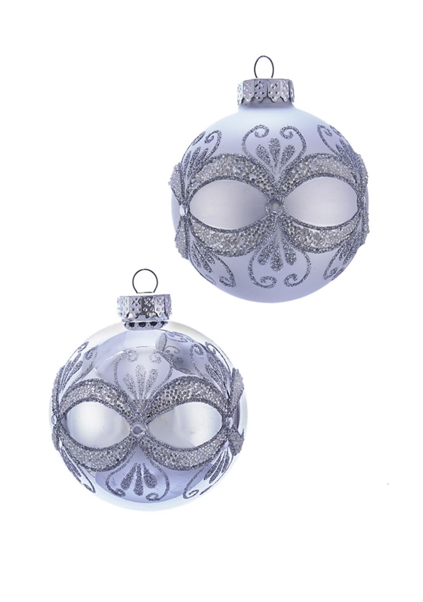 Set of 6 80 Millimeter Silver with Glitter and Sequins Glass Ball Ornaments
