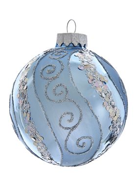 Set of 6 80 Millimeter Silver with Glitter and Sequins Glass Ball Ornaments