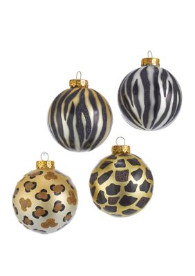 Set of 6 80 Millimeter Gold, Silver and Black Animal Glass Ball Ornaments   