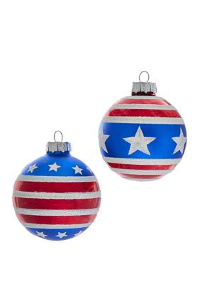 Kurt S. Adler Set of 6 80 Millimeter Red, White and Blue Stars and Stripes Glass Ball Ornaments