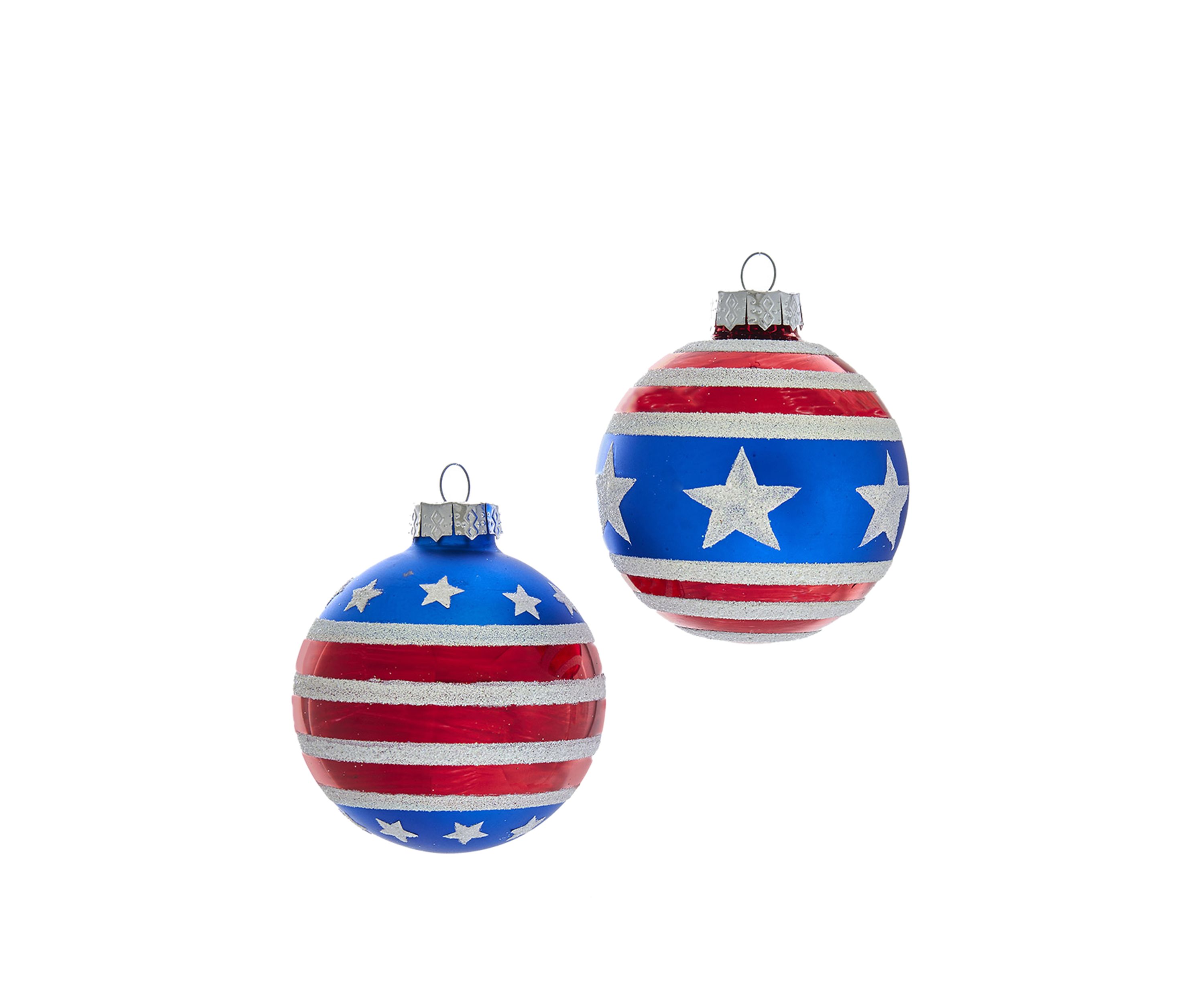 Set of 6 80 Millimeter Red, White and Blue Stars and Stripes Glass Ball Ornaments