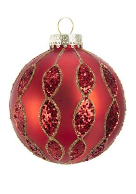 Set of 6 80 Millimeter Red with Glitter Pattern Glass Ball Ornaments 