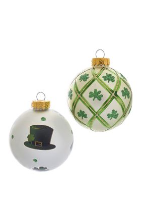 Set of 6 80 Millimeter Silver and Light Green St. Patrick Glass Ball Ornaments 