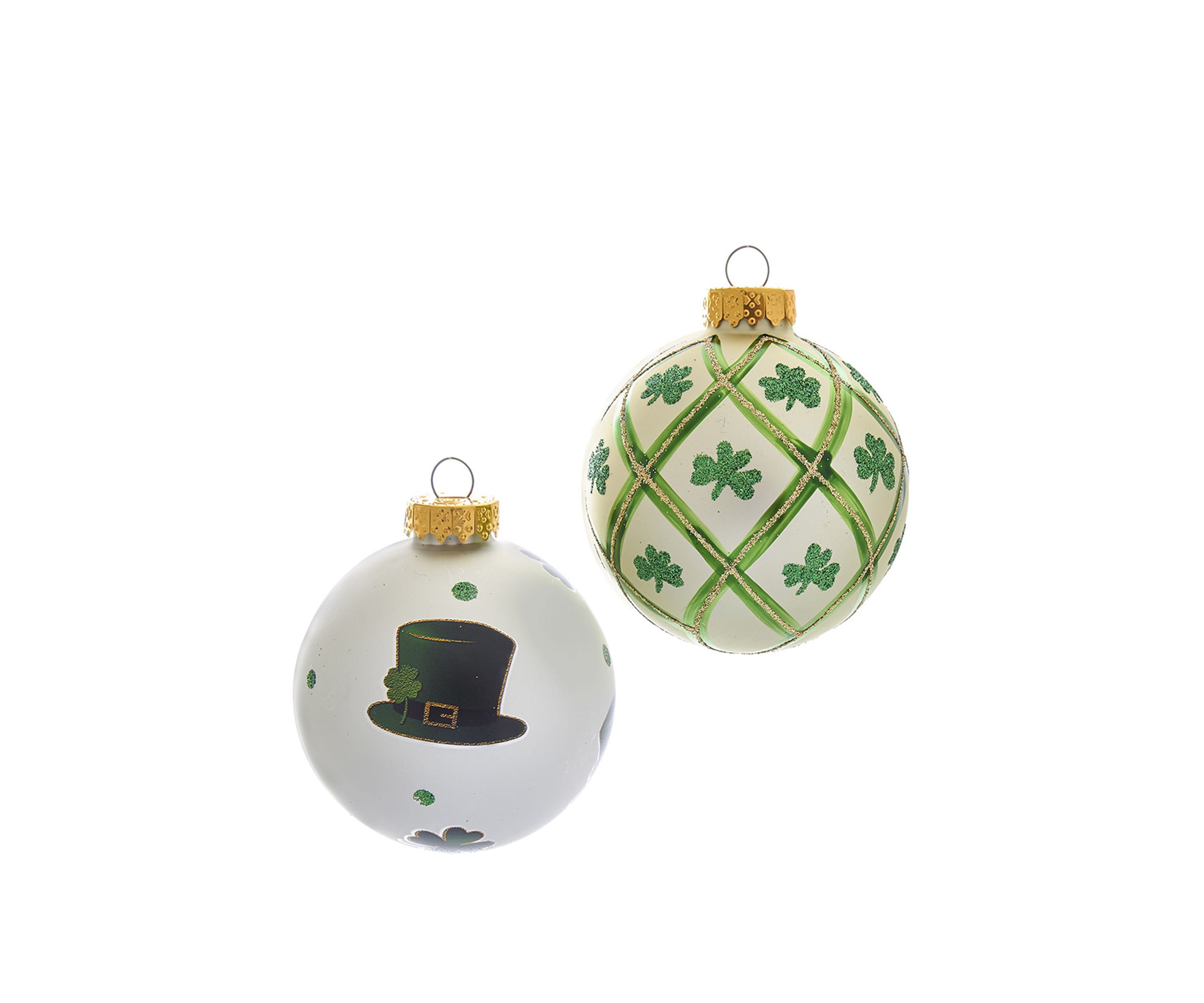 Set of 6 80 Millimeter Silver and Light Green St. Patrick Glass Ball Ornaments 