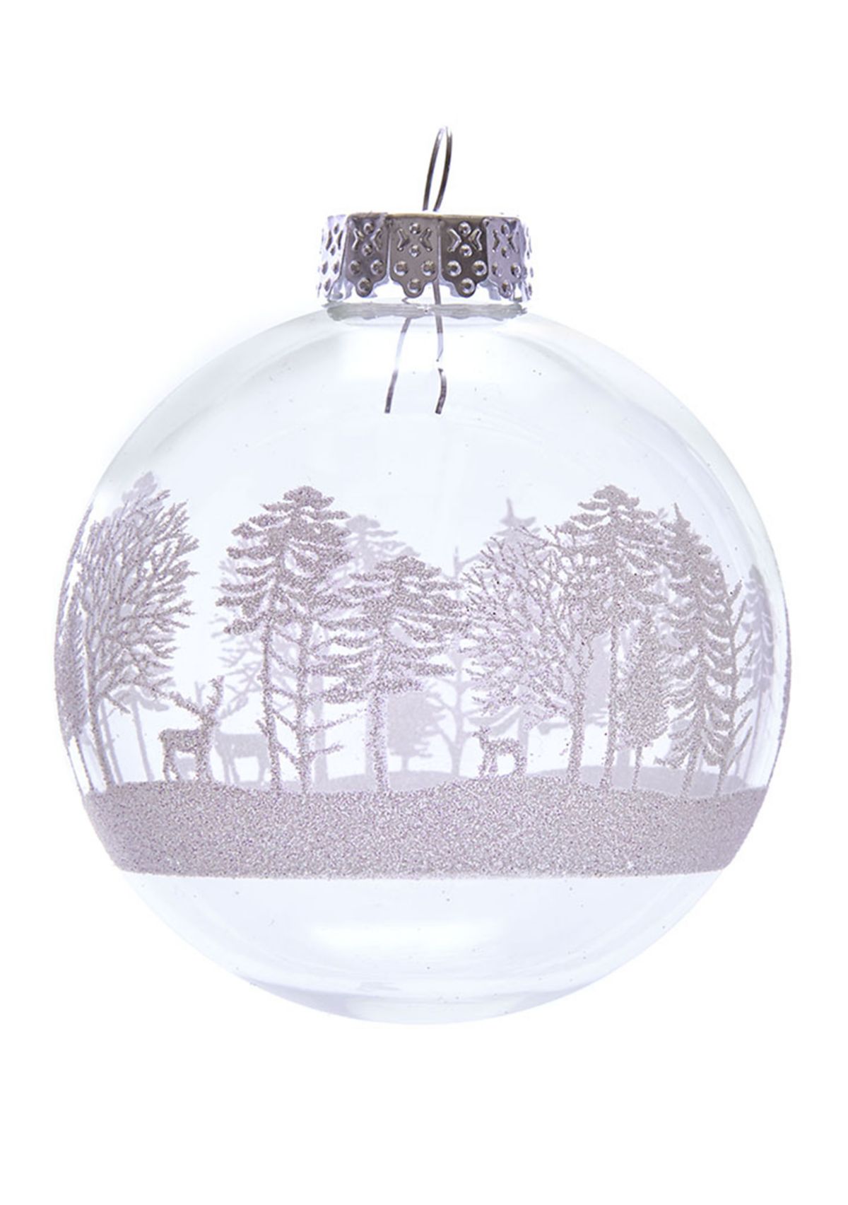 80 mm Clear With White Tree Design Glass Ball Ornaments, Set of 6 Box 