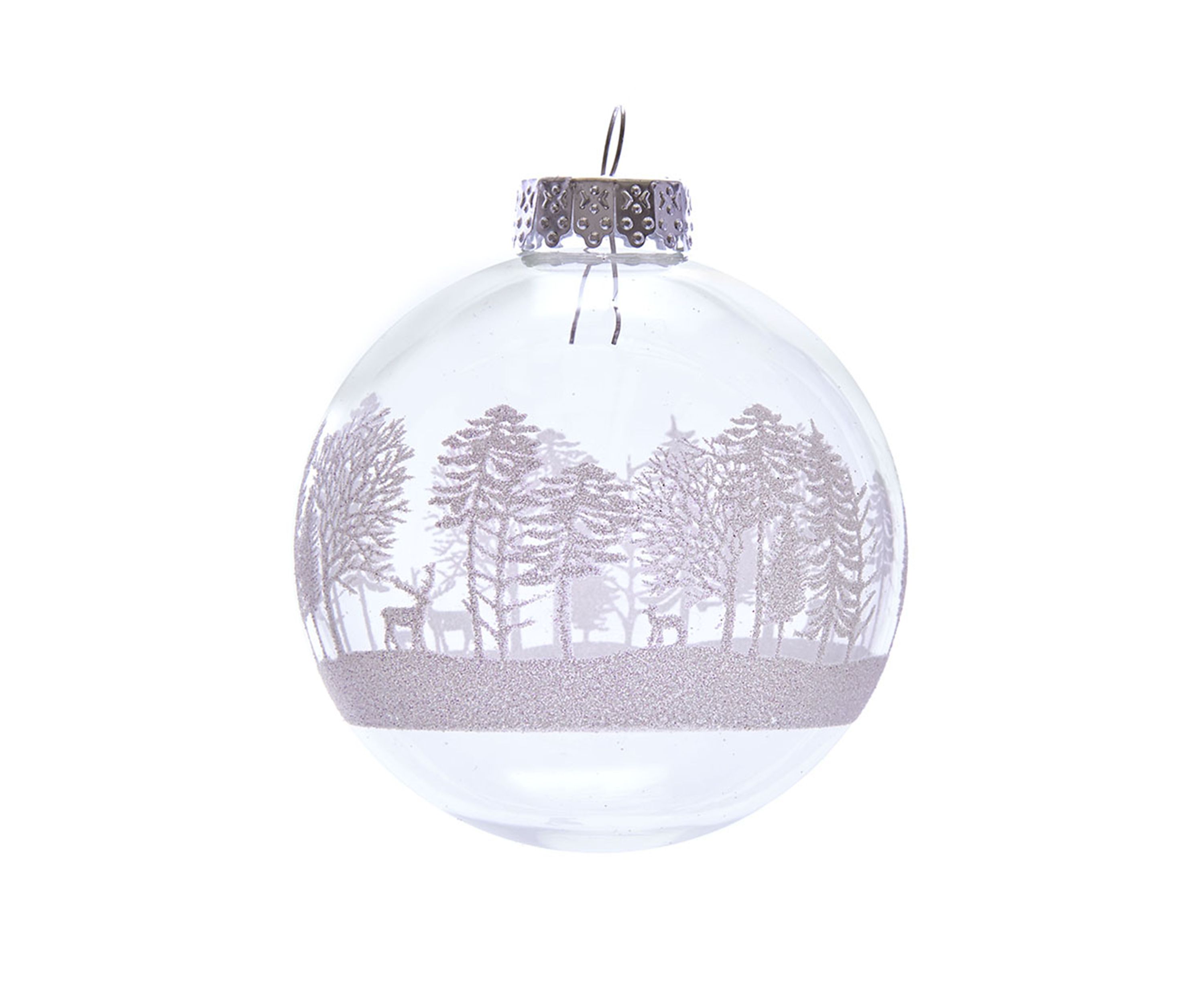 80 mm Clear With White Tree Design Glass Ball Ornaments, Set of 6 Box 