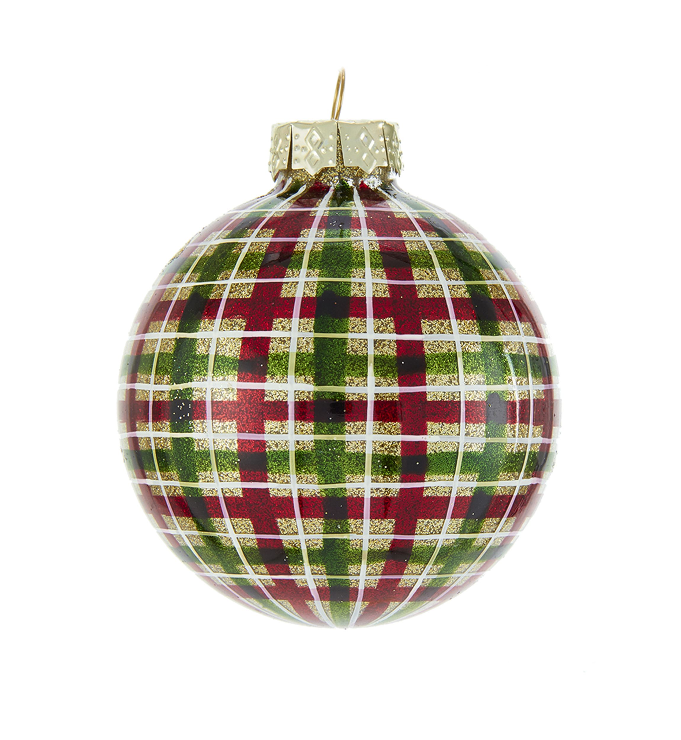 80 Millimeter Red and Green Plaid Glass Ball Ornaments, 6 Piece Box