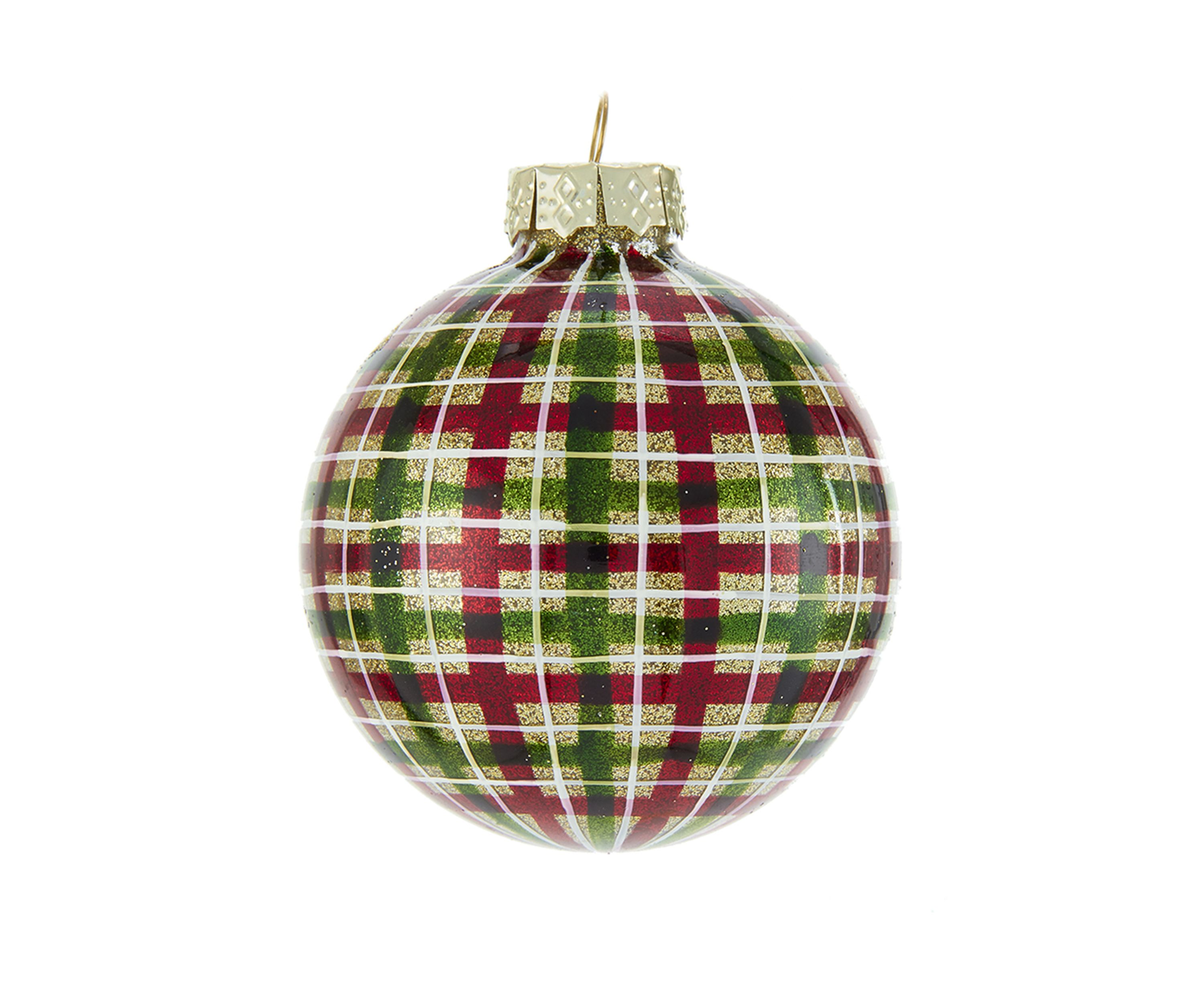 80 Millimeter Red and Green Plaid Glass Ball Ornaments, 6 Piece Box