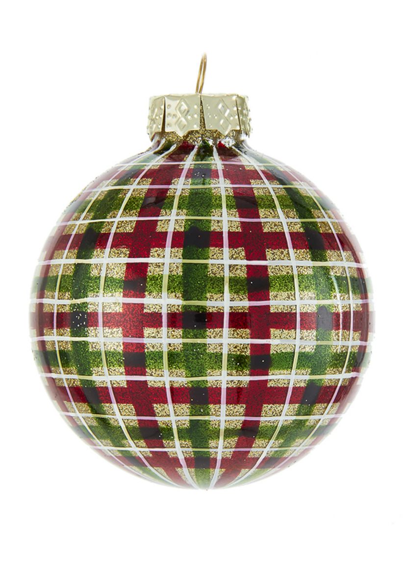 80 Millimeter Red and Green Plaid Glass Ball Ornaments, 6 Piece Box
