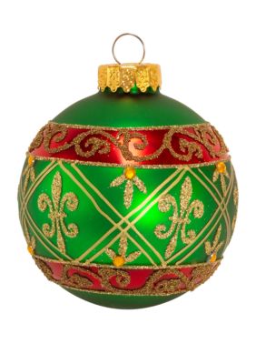 Green Glass Ball Ornament With Red And Gold Fleur-De-Lis Design 6-Piece Box Set