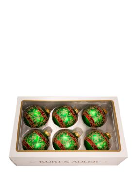 Green Glass Ball Ornament With Red And Gold Fleur-De-Lis Design 6-Piece Box Set