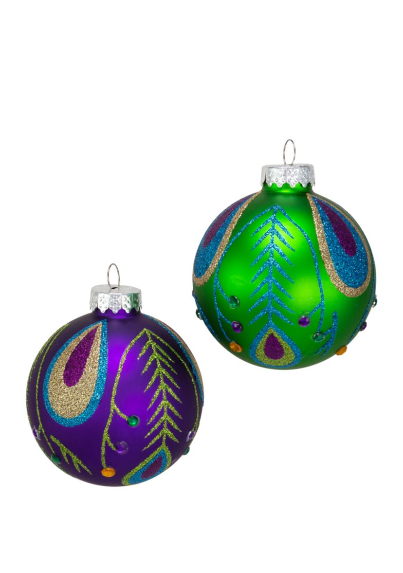 Peacock Purple and Green Glass Ball Ornaments 6-Piece Box Set