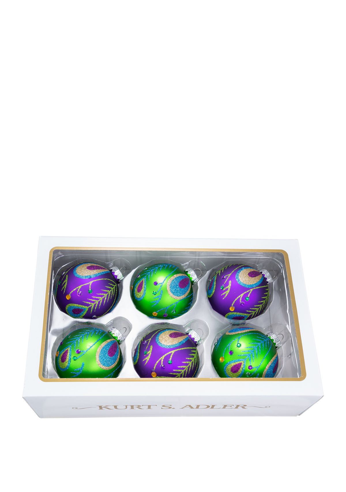 Peacock Purple and Green Glass Ball Ornaments 6-Piece Box Set