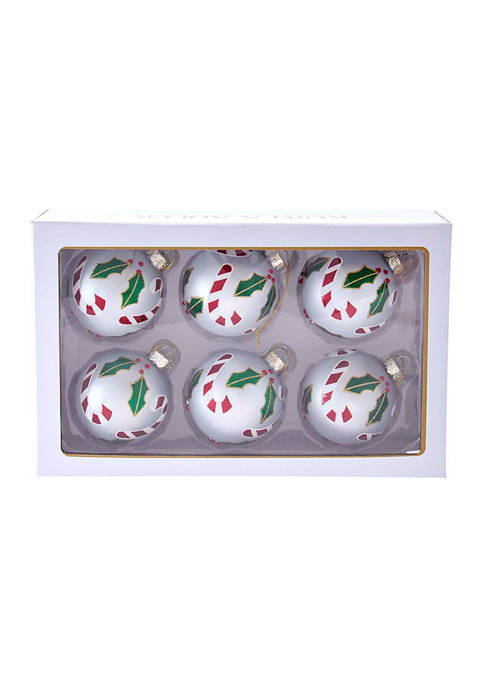  Glass Ornaments with Holly Accent and Candy Canes - 6 Piece Set 