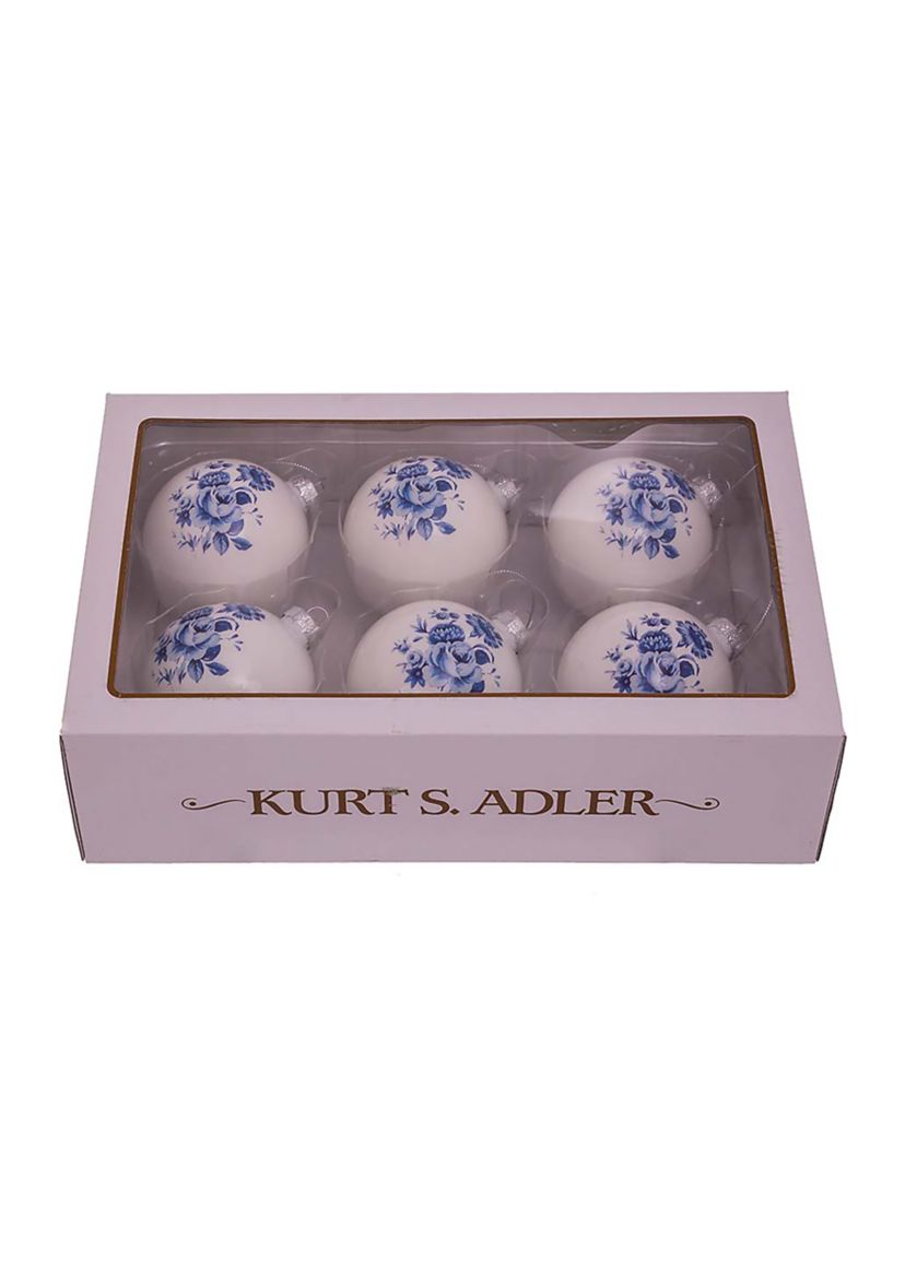80 Millimeter Delft Blue Shiny Glass Ball Ornaments - 6 Piece Set