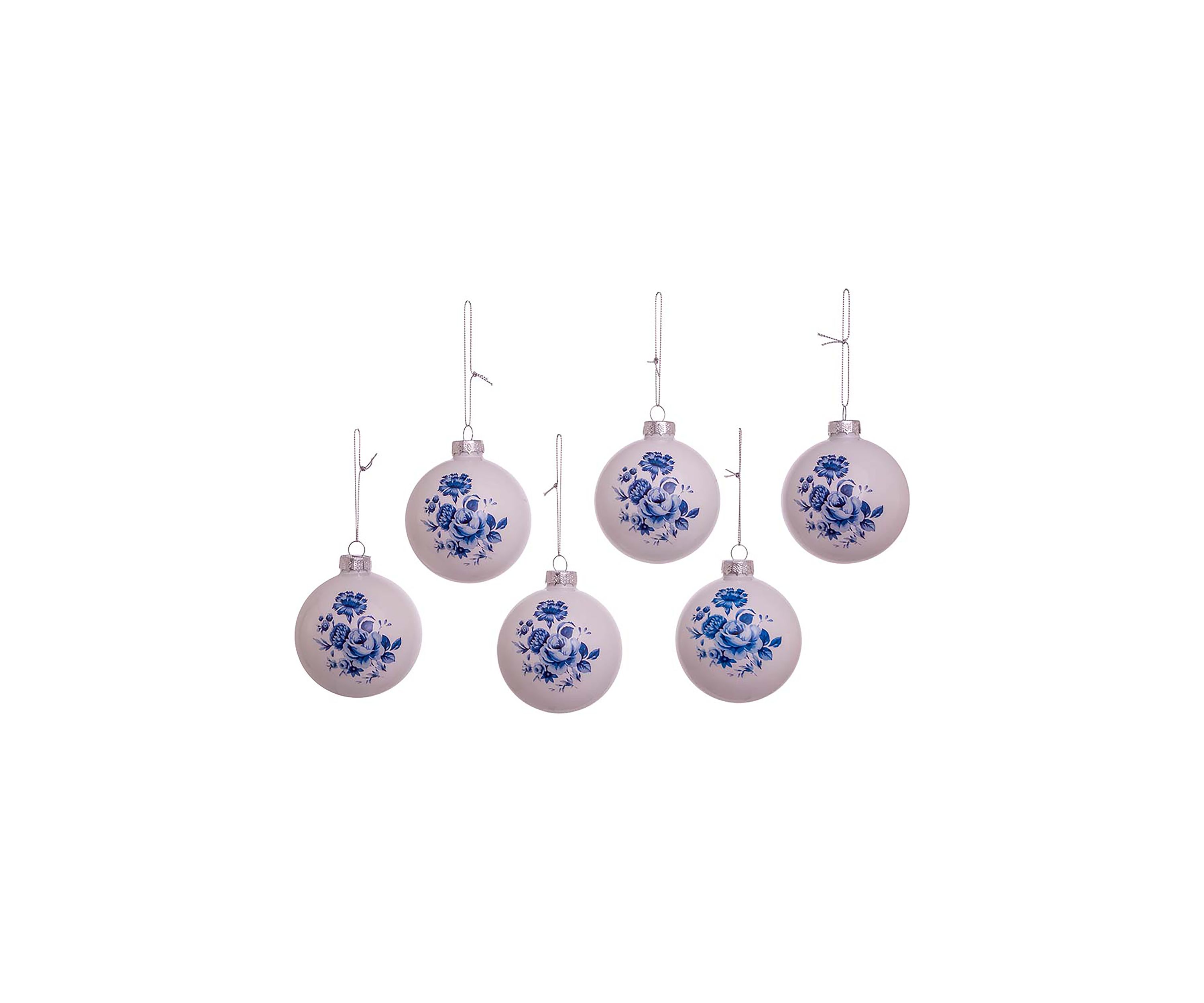 80 Millimeter Delft Blue Shiny Glass Ball Ornaments - 6 Piece Set