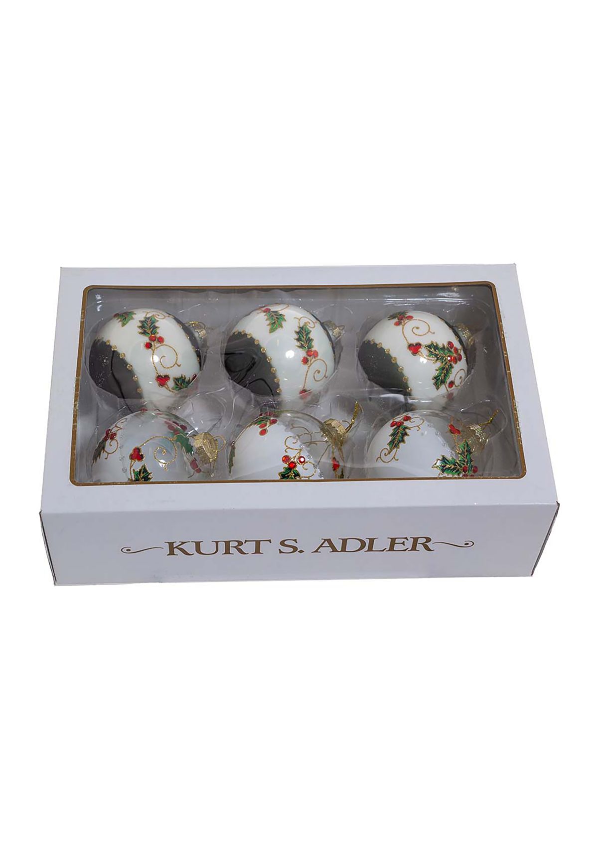 80 Millimeter Holly Leaves and Berries Glass Ball Ornaments - 6 Piece Set 