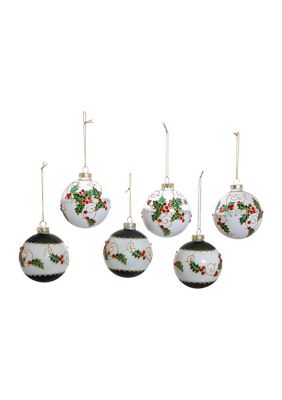 80 Millimeter Holly Leaves and Berries Glass Ball Ornaments - 6 Piece Set 