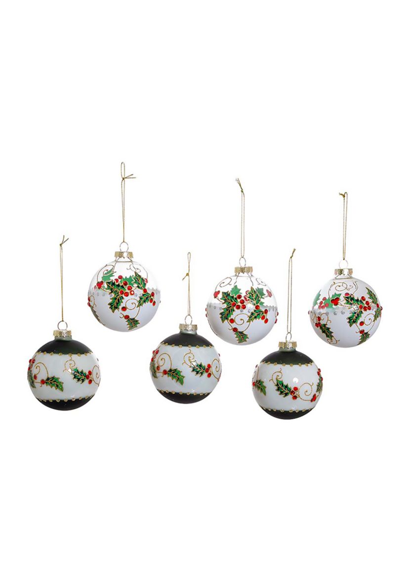 80 Millimeter Holly Leaves and Berries Glass Ball Ornaments - 6 Piece Set 
