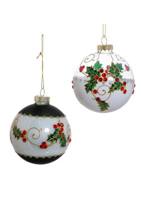 80 Millimeter Holly Leaves and Berries Glass Ball Ornaments - 6 Piece Set 