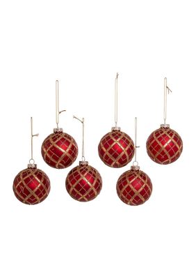 80 Millimeter Red with Gold Plaid Glass Ball Ornaments - 6 Piece Set 
