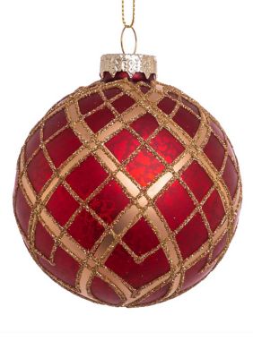 80 Millimeter Red with Gold Plaid Glass Ball Ornaments - 6 Piece Set 