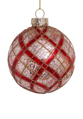 80 Millimeter Silver with Gold and Red Plaid Glass Ball Ornaments - 6 Piece Set 