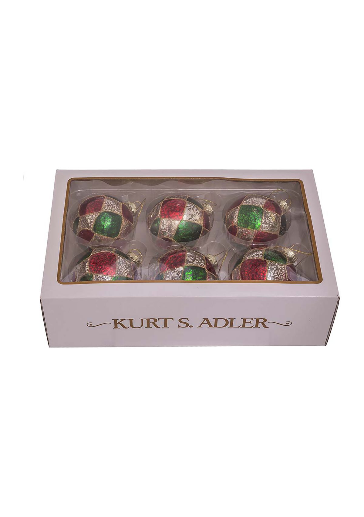 80 Millimeter Red, Green, and Silver Checker Glass Ball Ornaments - 6 Piece Set 