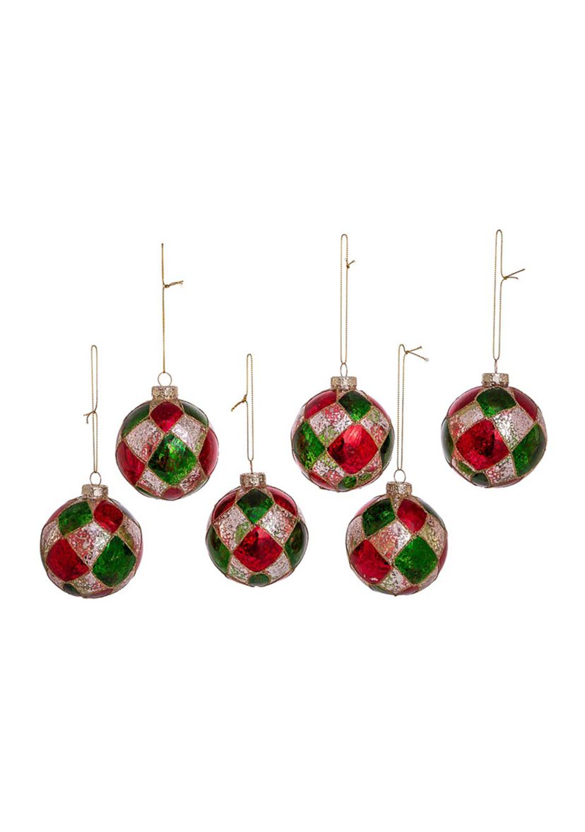 80 Millimeter Red, Green, and Silver Checker Glass Ball Ornaments - 6 Piece Set 