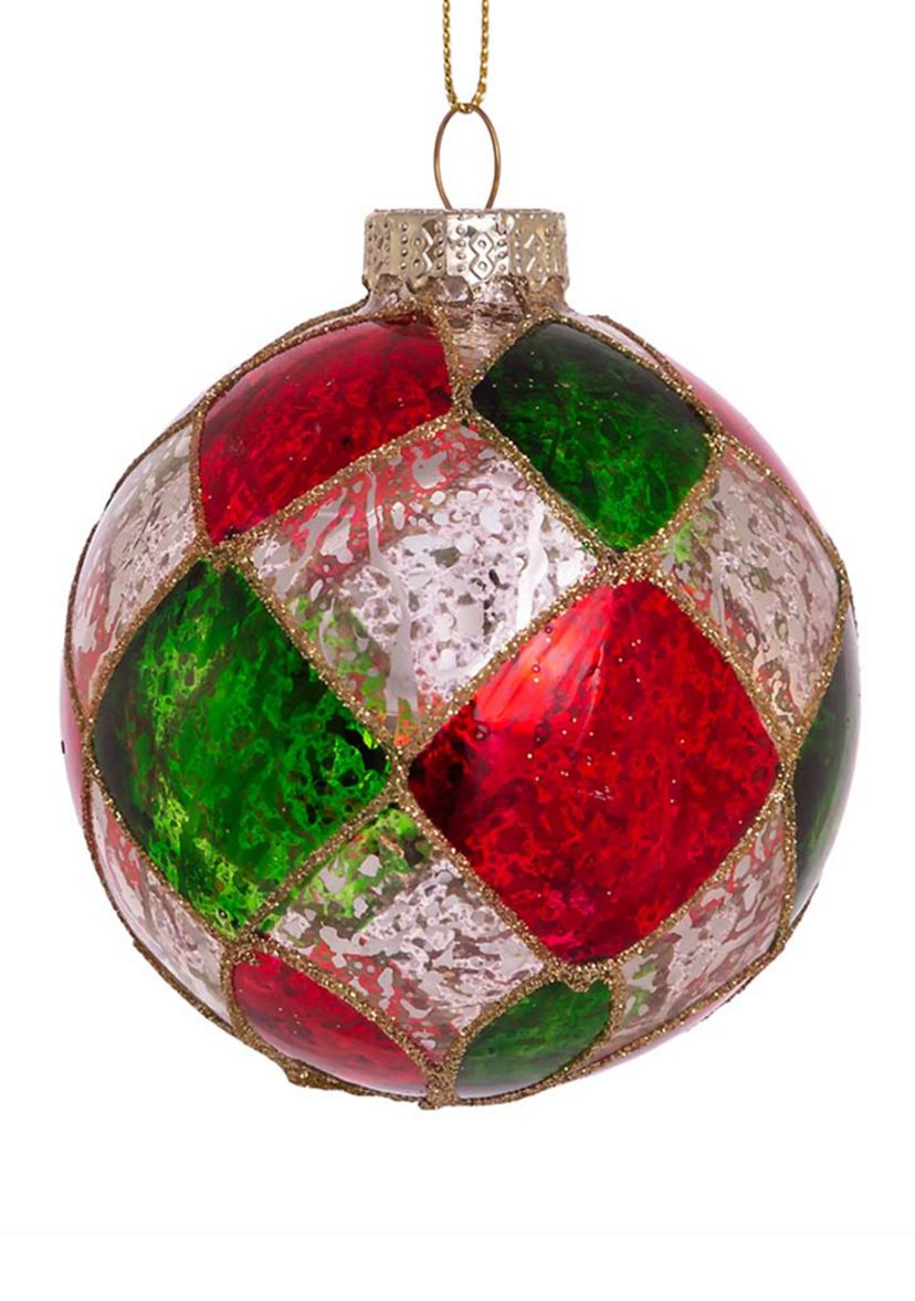 80 Millimeter Red, Green, and Silver Checker Glass Ball Ornaments - 6 Piece Set 
