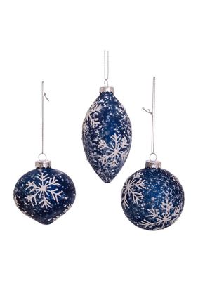 80 Millimeter Glass Ball, Onion, and Teardrop Ornaments with Snowflake - 3 Piece Set