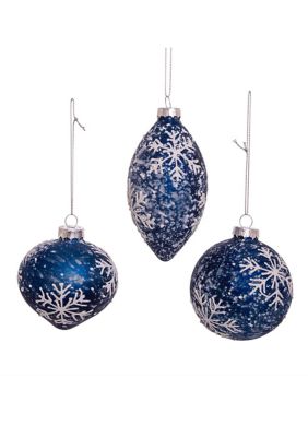 80 Millimeter Glass Ball, Onion, and Teardrop Ornaments with Snowflake - 3 Piece Set